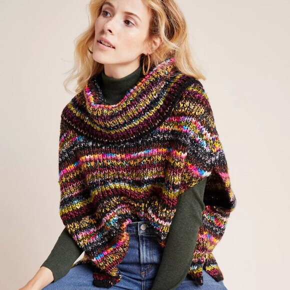 Anthropologie Piera Knit Striped Turtleneck Poncho Sweater - Picture 1 of 7